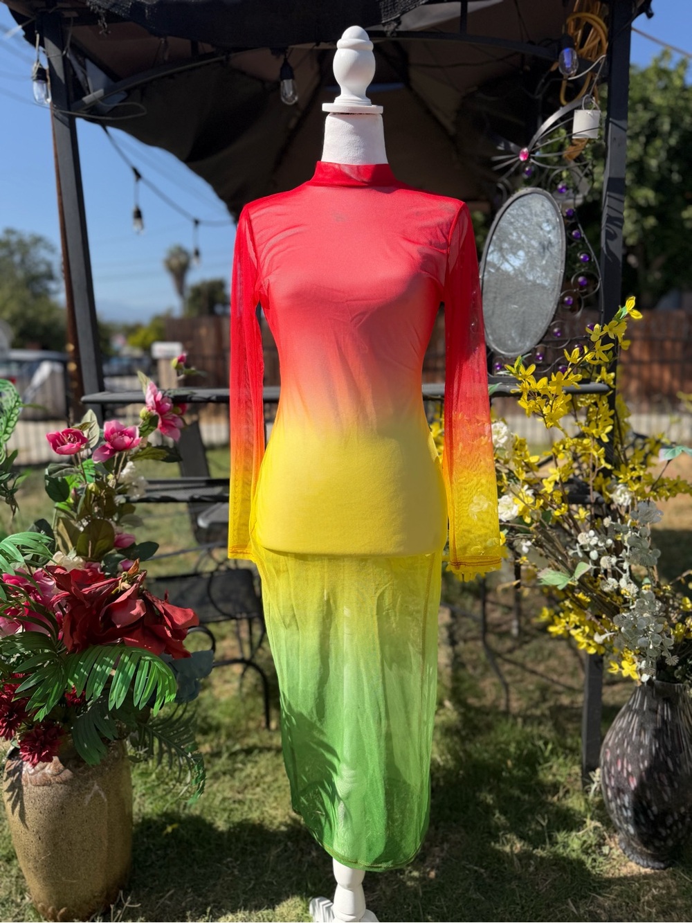 Othr Red Yellow Green Ombre Backless Mesh Dress